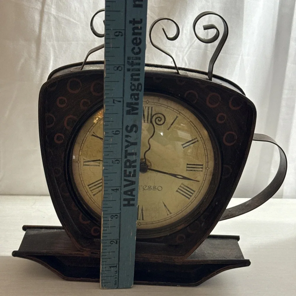 Rustic Metal Expresso Coffee Cup & Saucer Clock 9.25